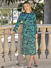 Modest Midi Dress Navy & Green Waves Print image 0