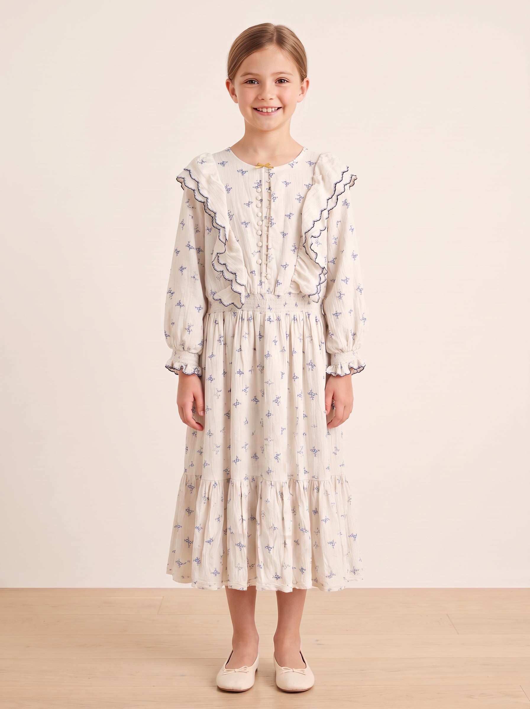 Blue floral ruffled dress on a girl, knee-covering skirt