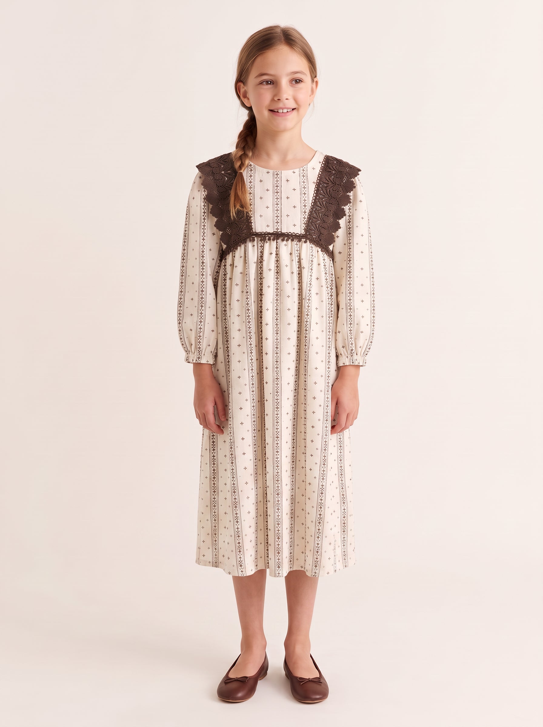 Striped crochet ruffle dress on a girl, knee-covering skirt