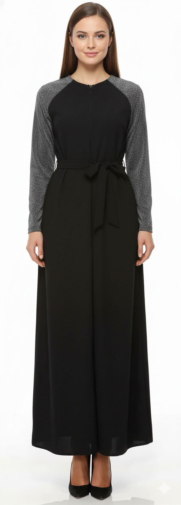 Modest Robe Front Zipper Solid Black & Gray Sparkle Sleeve image 0