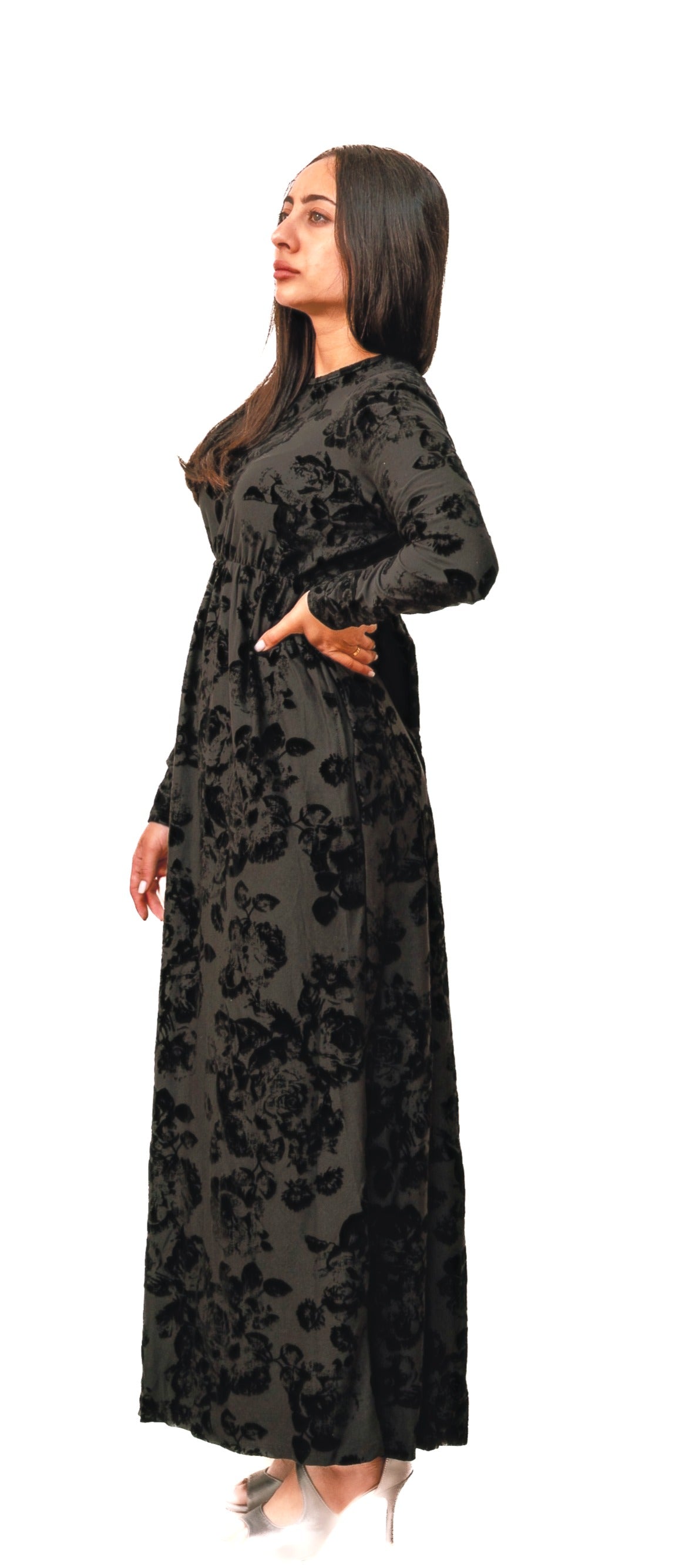 Modest Dress Empire Waist Black Velvet Floral Plus Size image 1