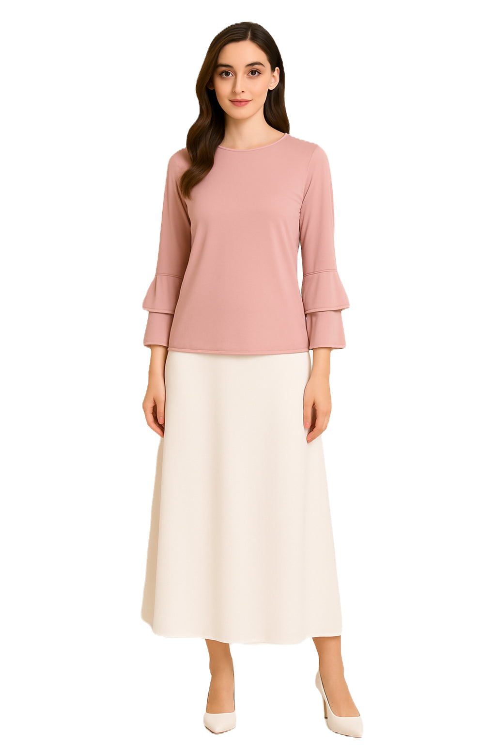 Modest Top Ruffle Three-Quarter Sleeves Blush image 1