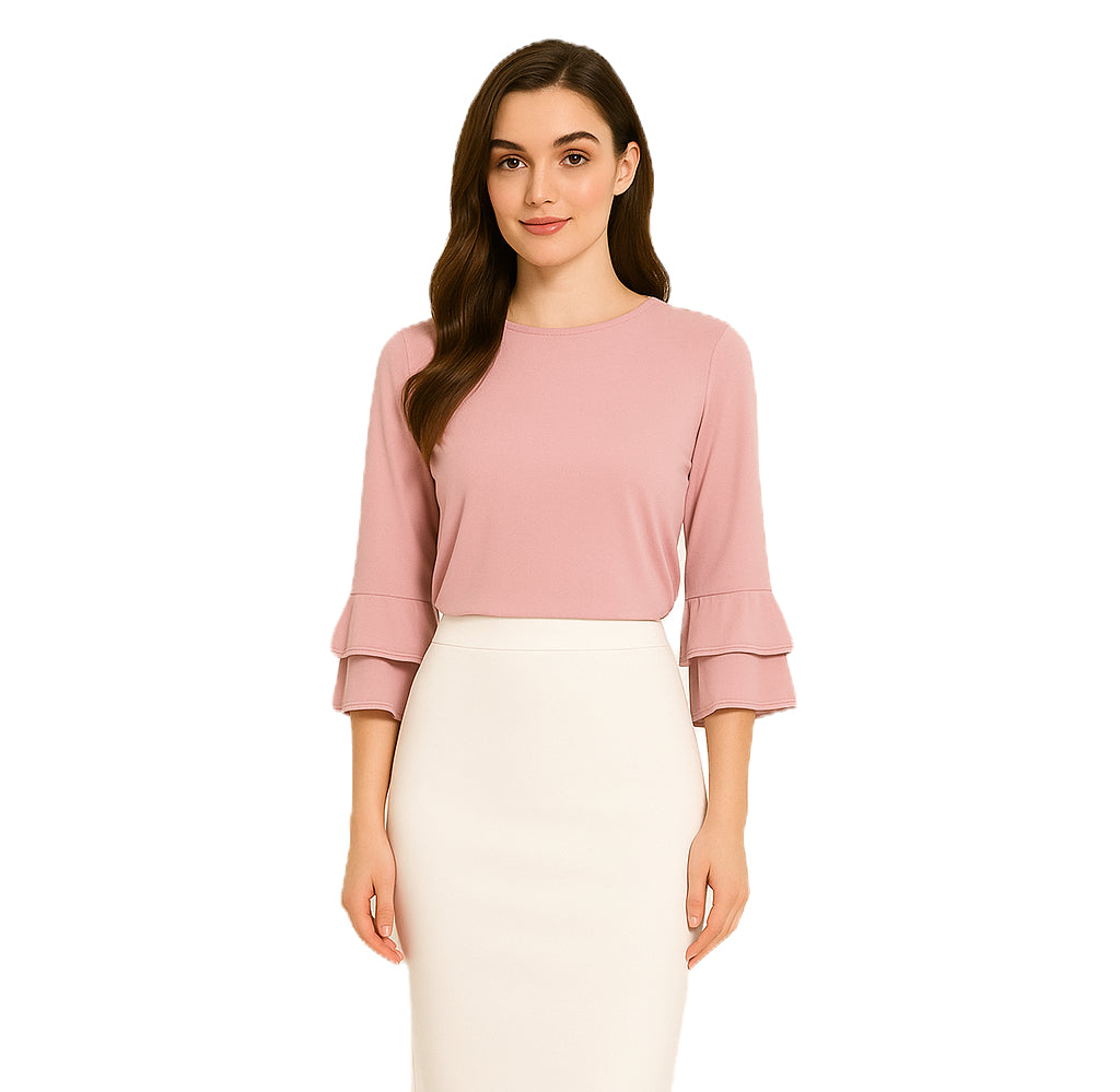 Modest Top Ruffle Three-Quarter Sleeves Blush image 0