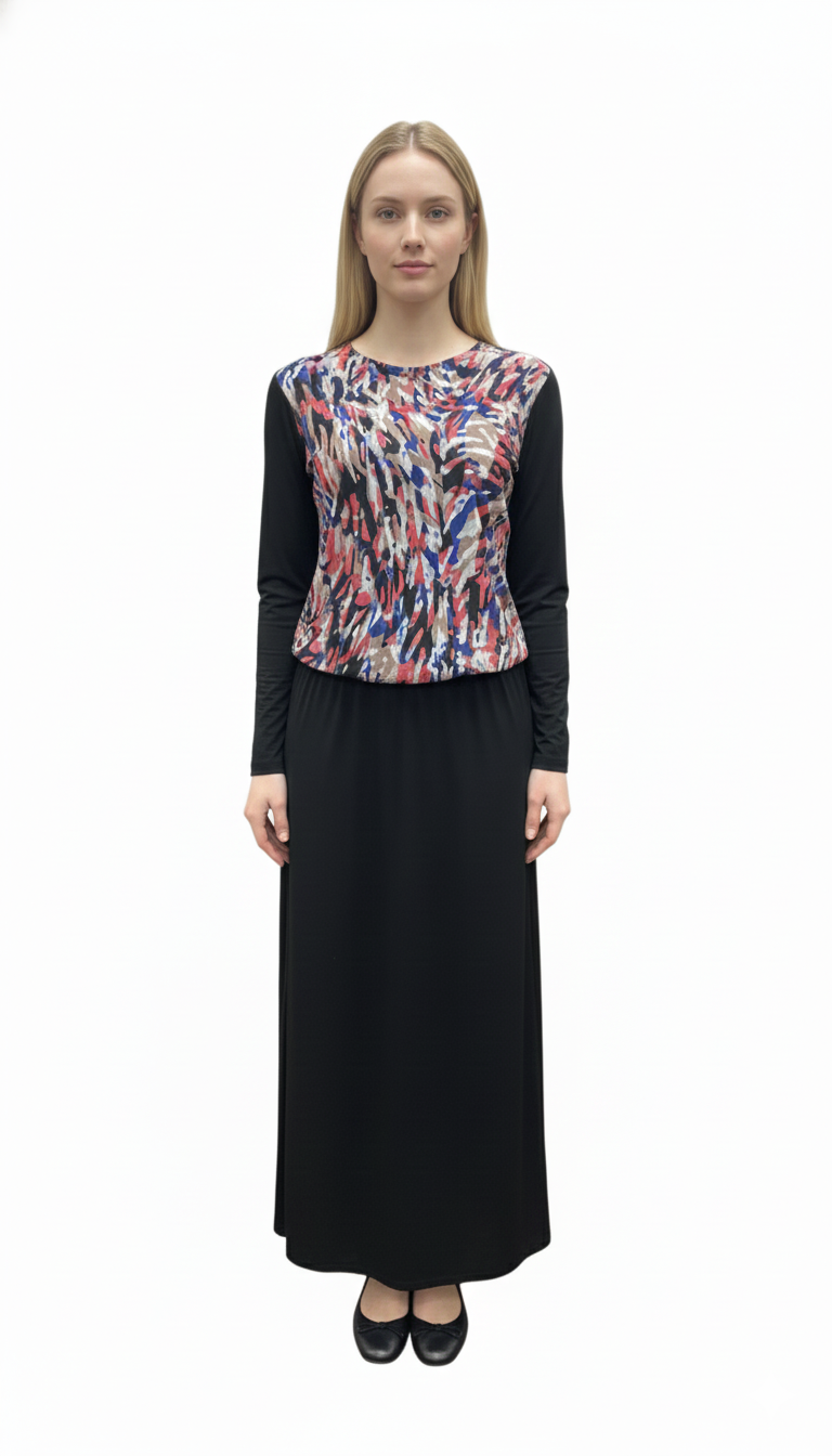 Modest Top Black with Abstract Orange & Blue image 0