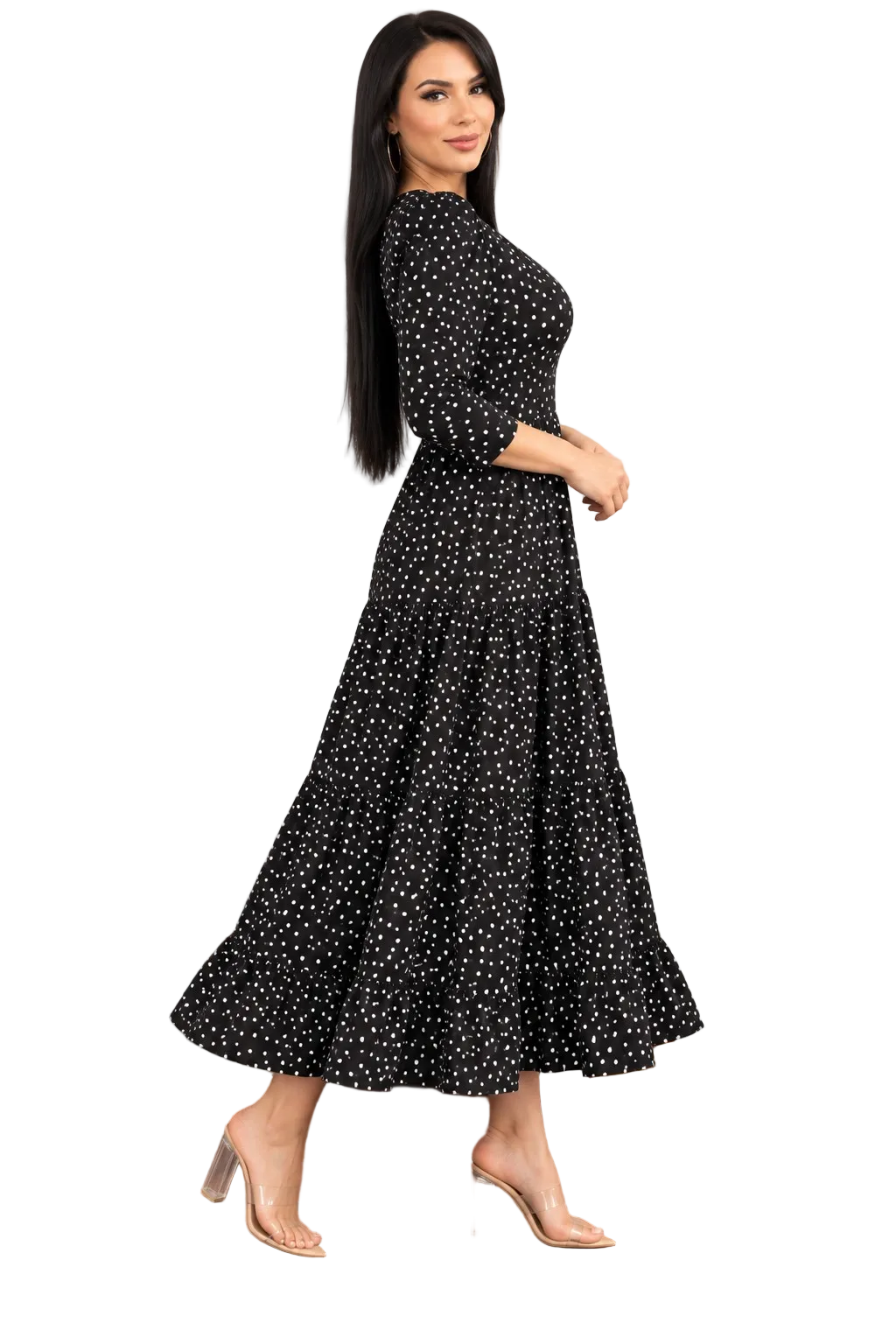 maxi dress black polka dot plus size side