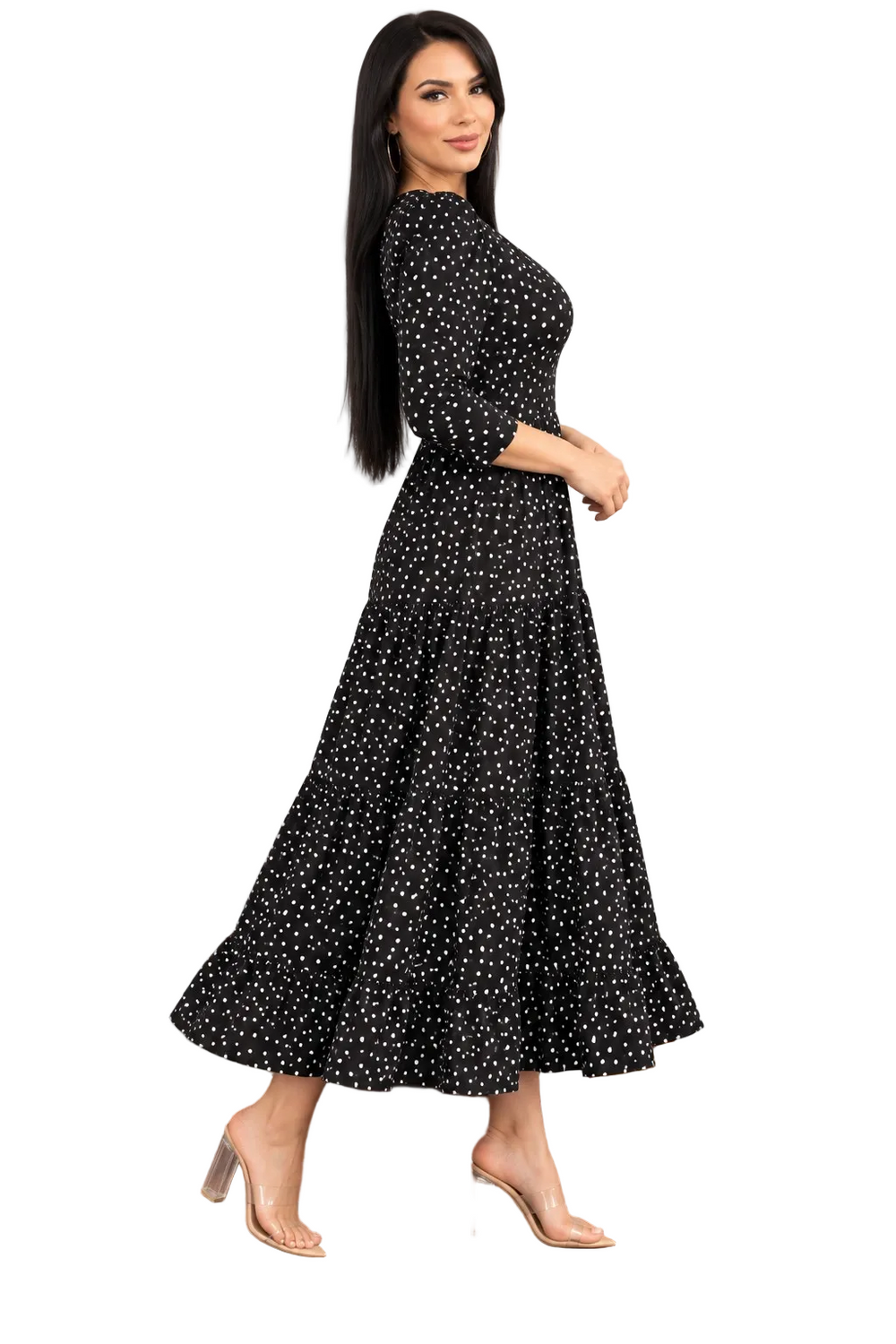 maxi dress black polka dot plus size side