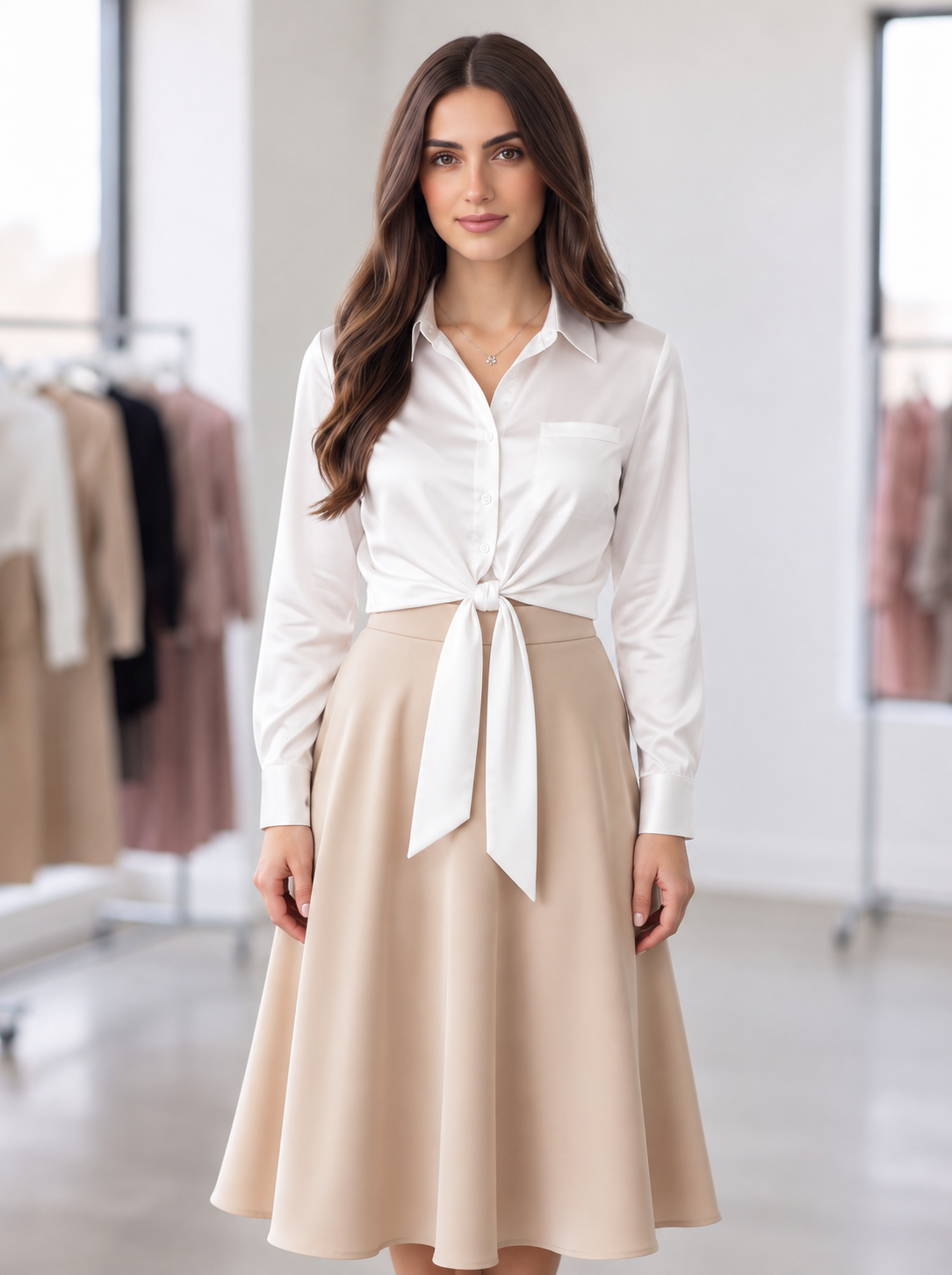Elegant Satin look Tie-Front Button Blouse