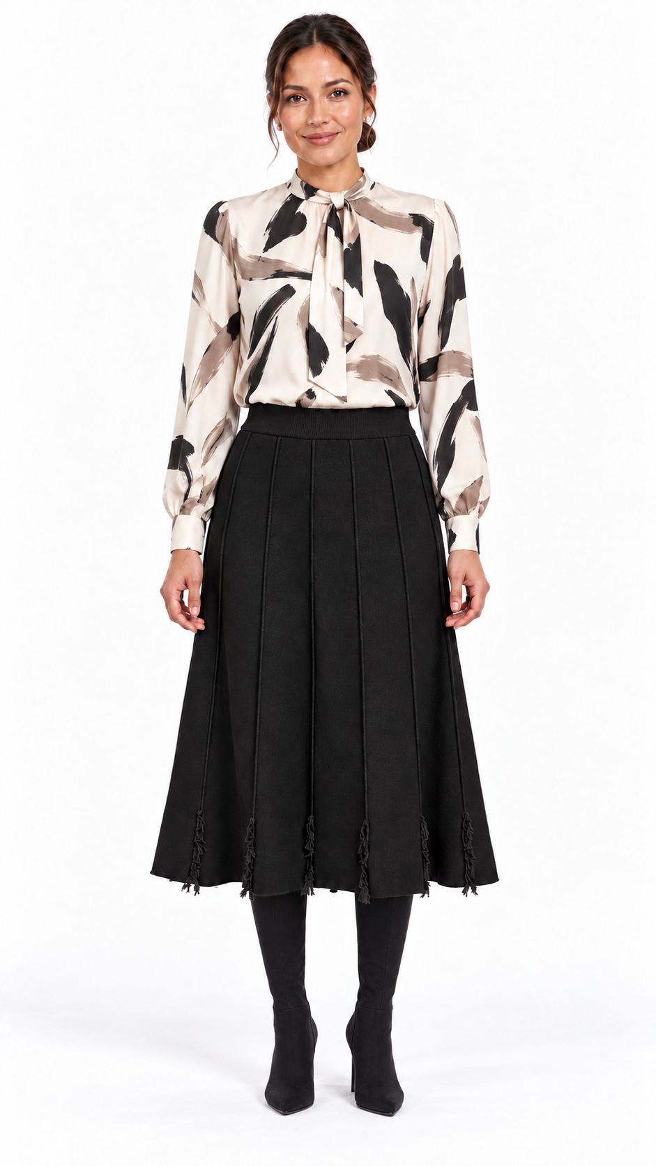 Black Fringe Detail Knit Midi Skirt