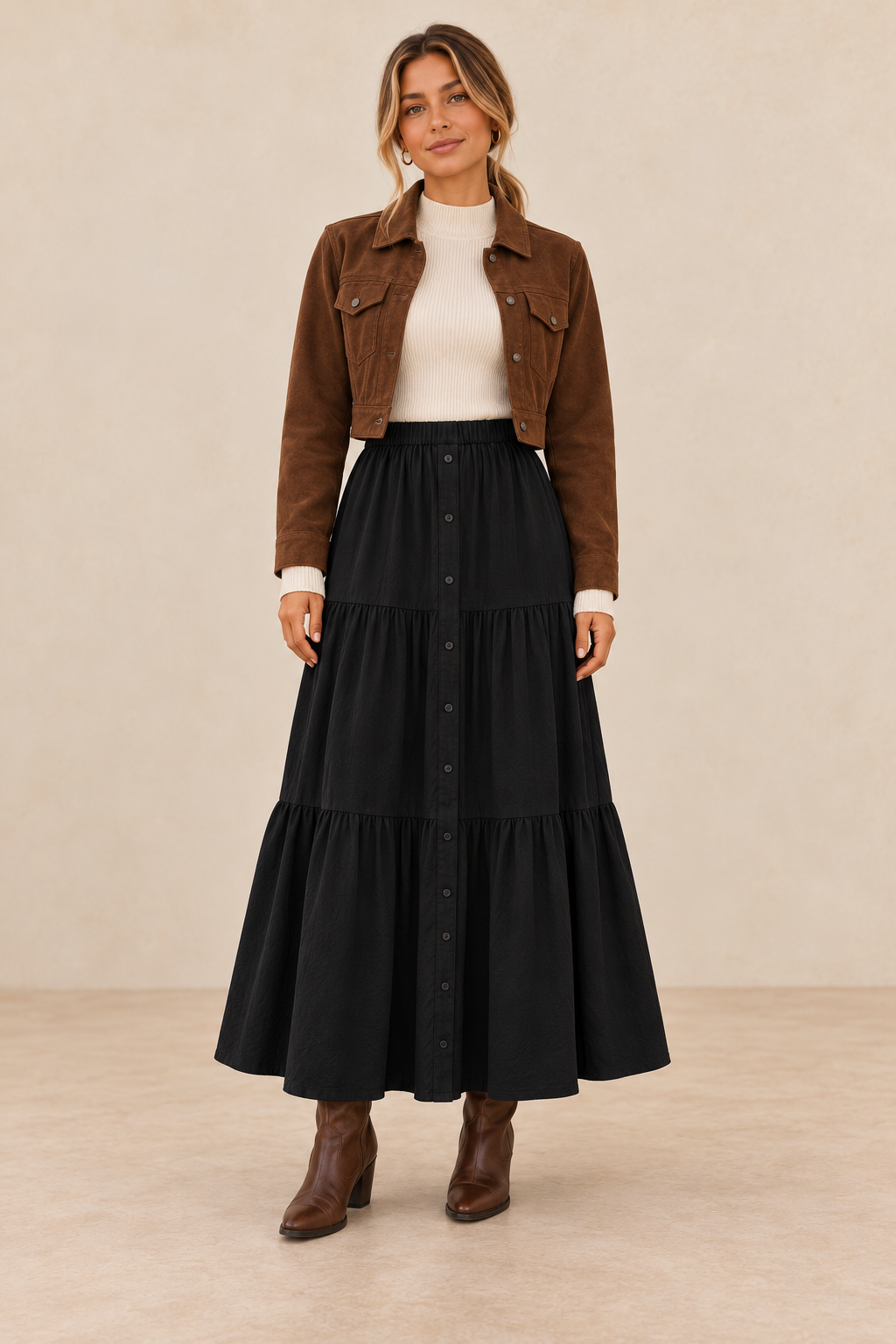 Button Front Tiered Maxi Skirt