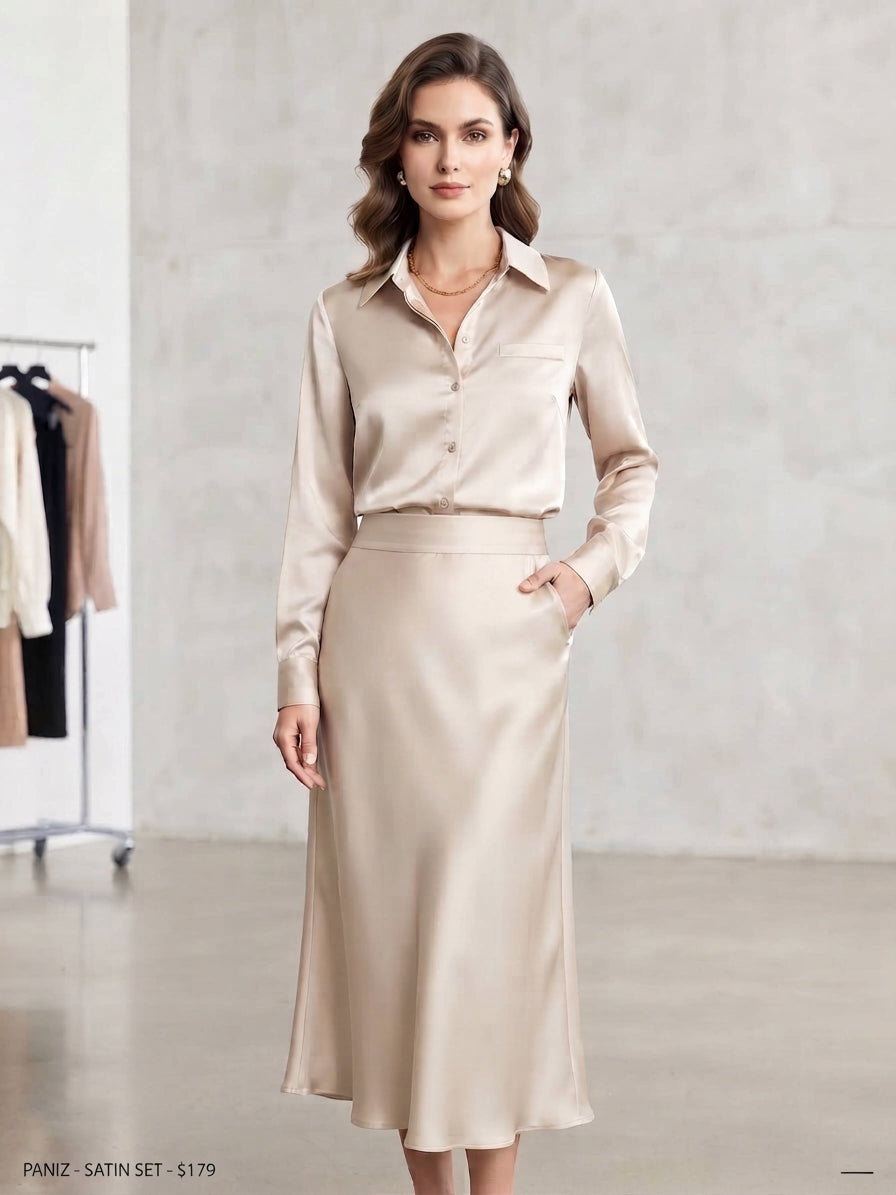 High-Waisted Satin Midi Skirt – Warm Beige