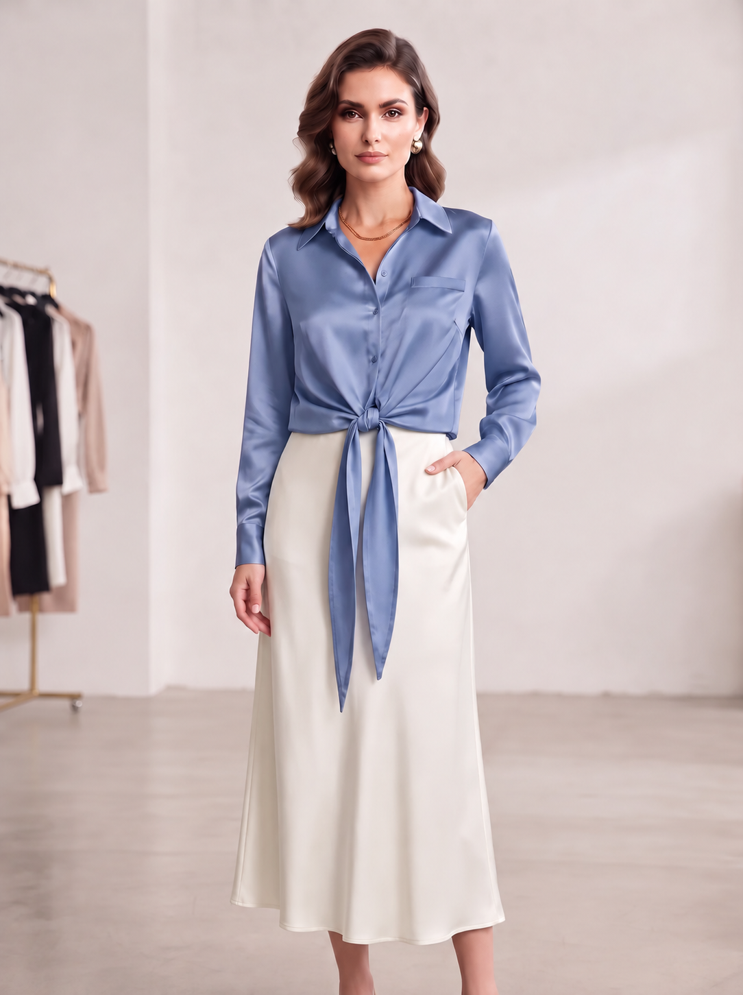 Elegant Satin look Tie-Front Button Blouse