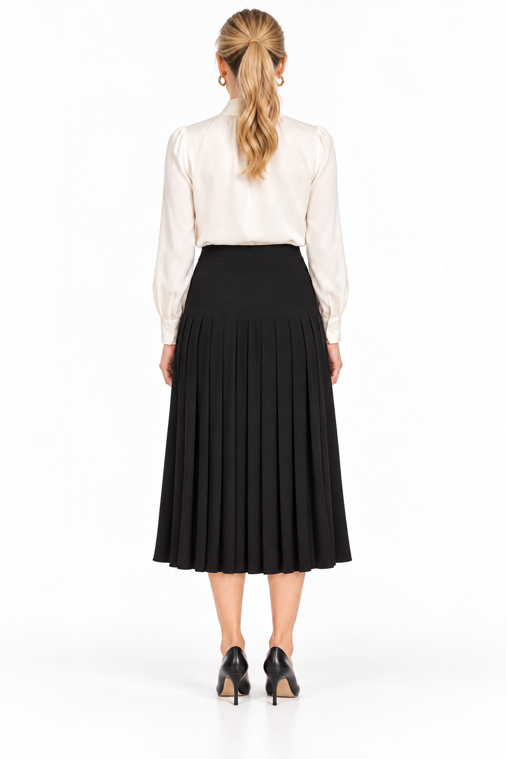 Black Pleated Knit Yoked Midi Skirt