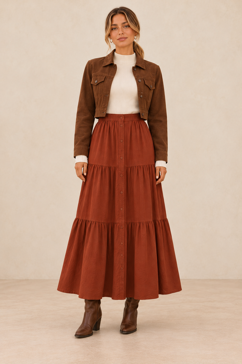 Button Front Tiered Maxi Skirt