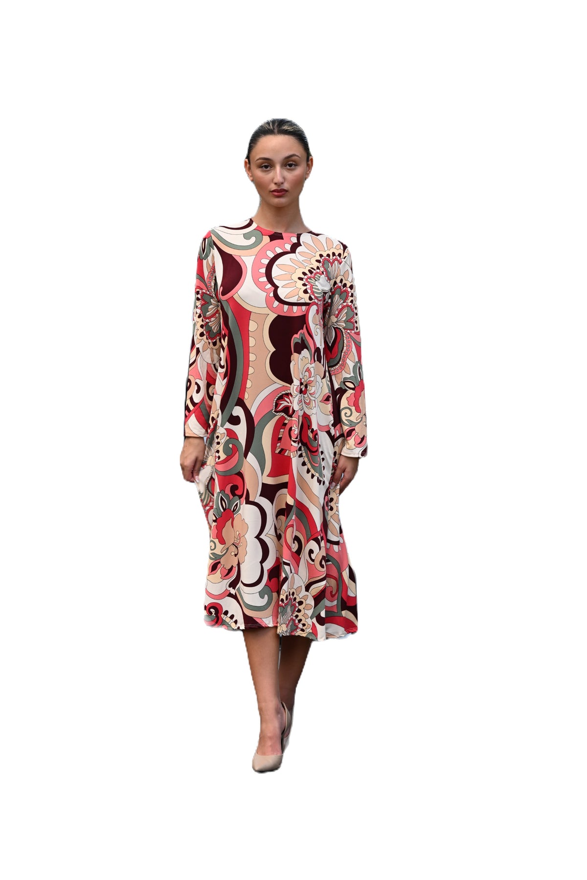 Modest Midi Dress Modern Floral Brown & Coral Plus Size image 0