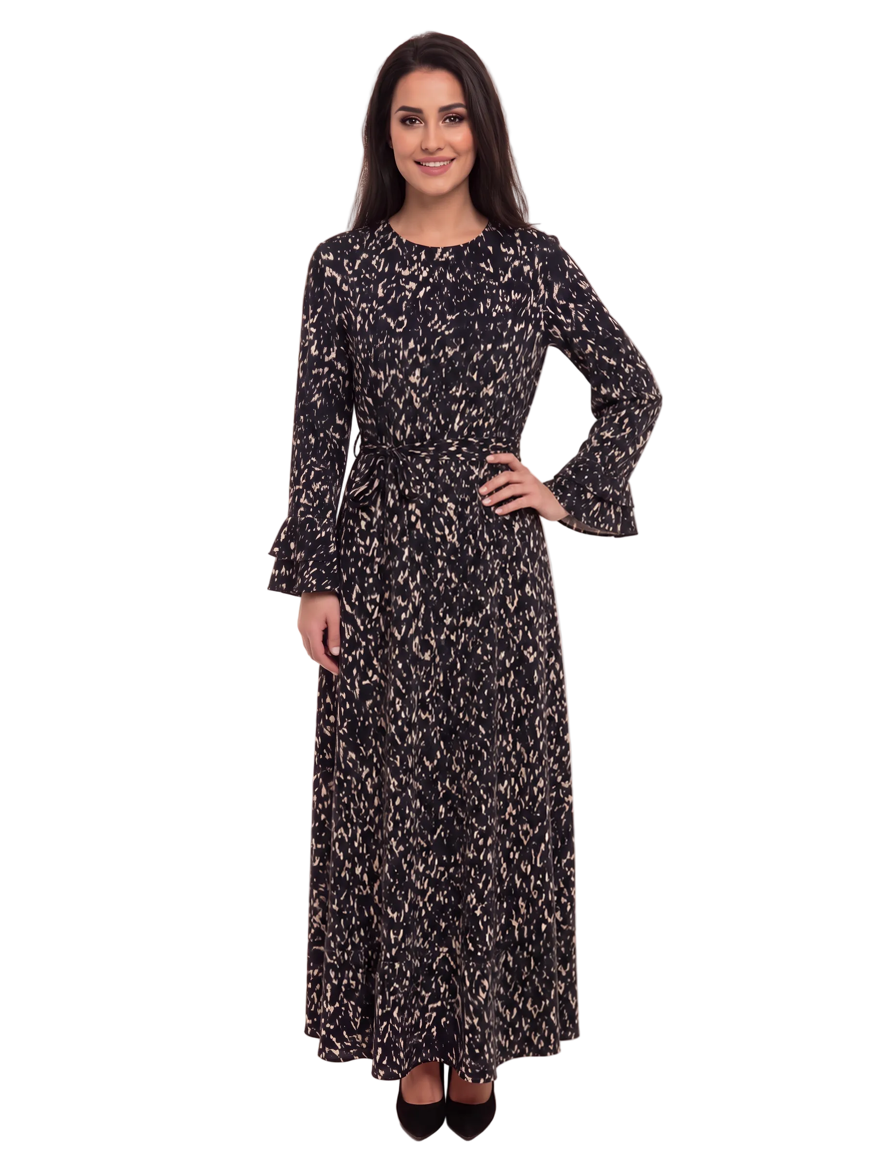 Black and Ivory Speckle belted maxi dress on model