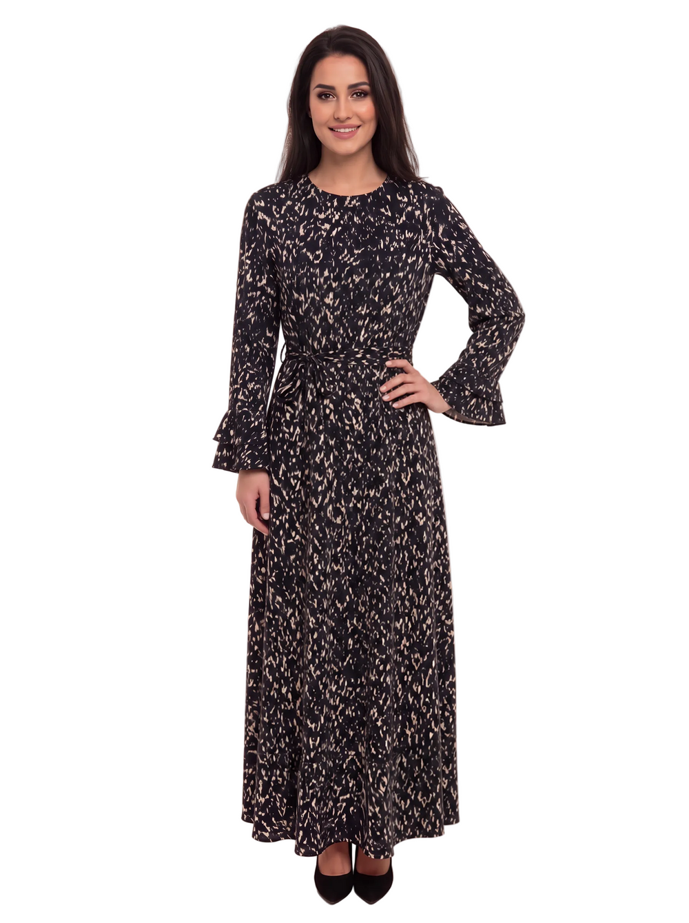 Black and Ivory Speckle belted maxi dress on model