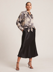 Chic Satin Long-Sleeve Blouse – Charcoal Beige