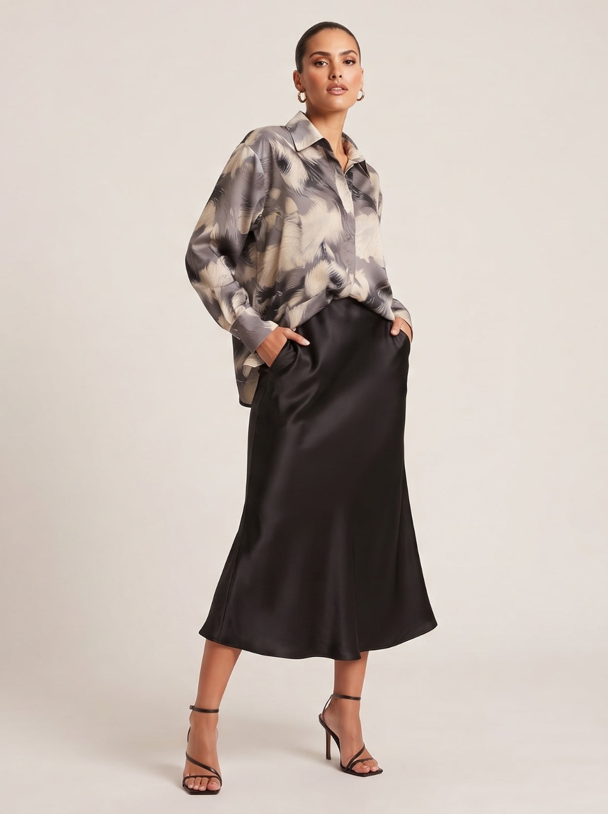 Chic Satin Long-Sleeve Blouse – Charcoal Beige