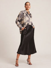 Chic Satin Long-Sleeve Blouse – Charcoal Beige
