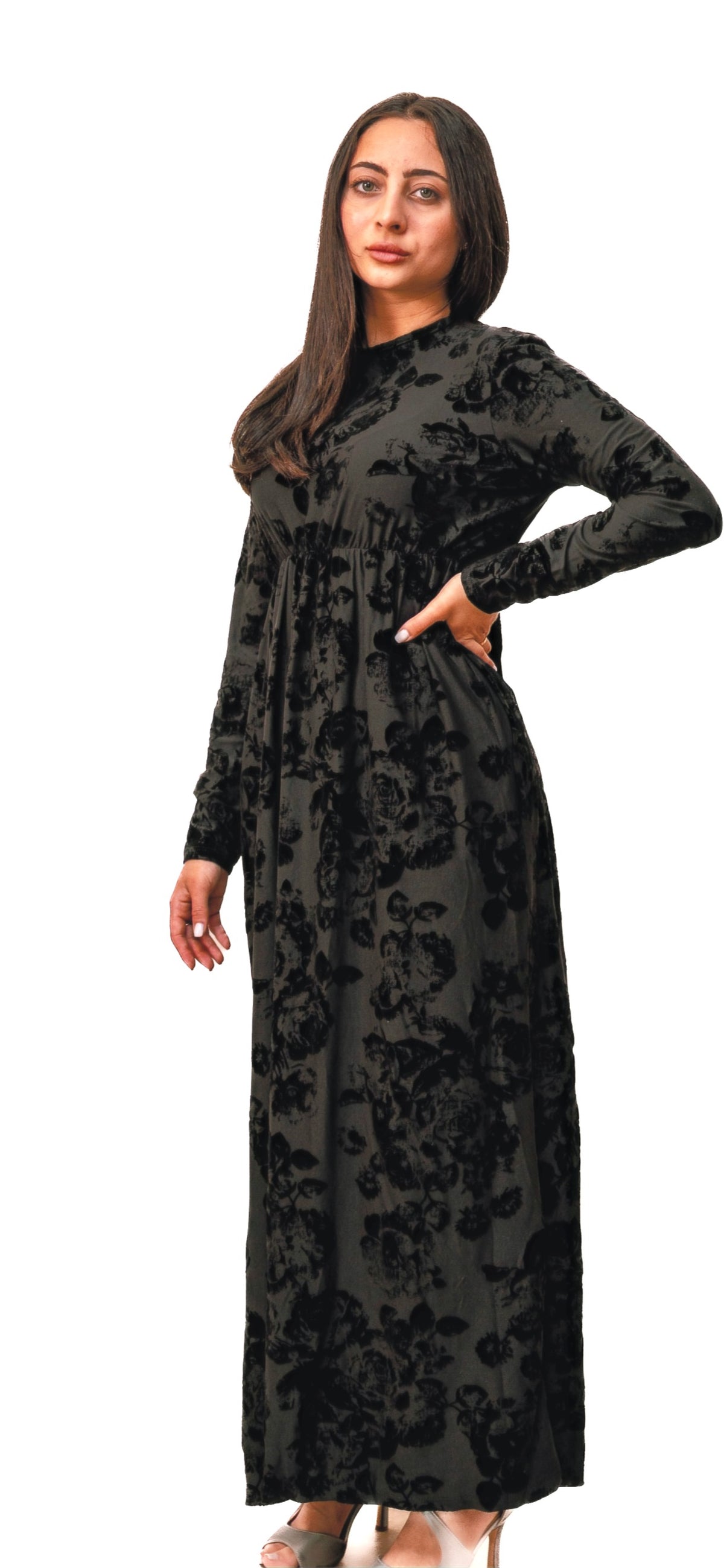Modest Dress Empire Waist Black Velvet Floral Plus Size image 0