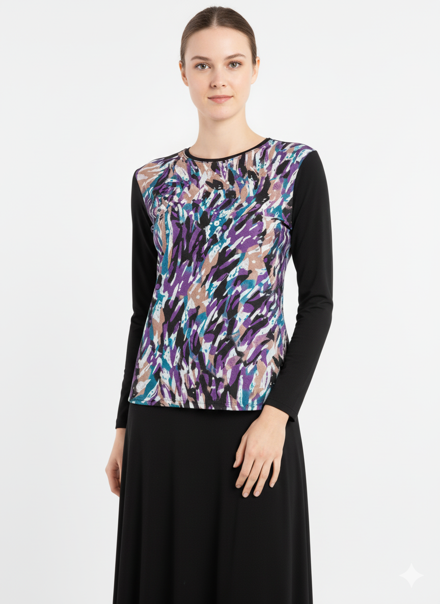 Modest Top Black with Abstract Purple & Turquoise image 0