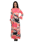 Coral Abstract belted maxi dress on model