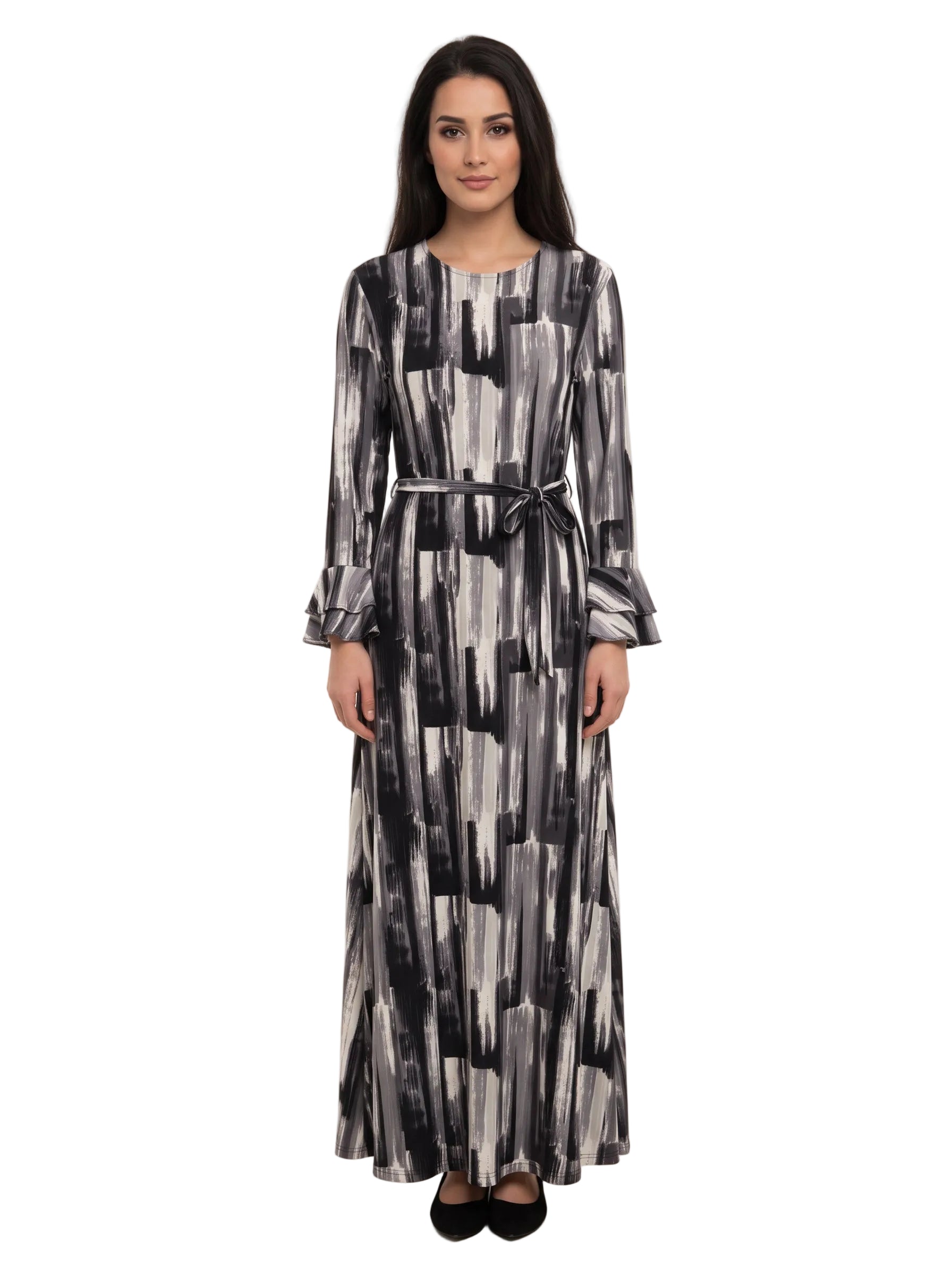 Gray and Black Brushstroke belted maxi dress on model