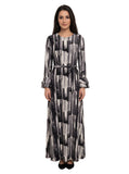 Gray and Black Brushstroke belted maxi dress on model