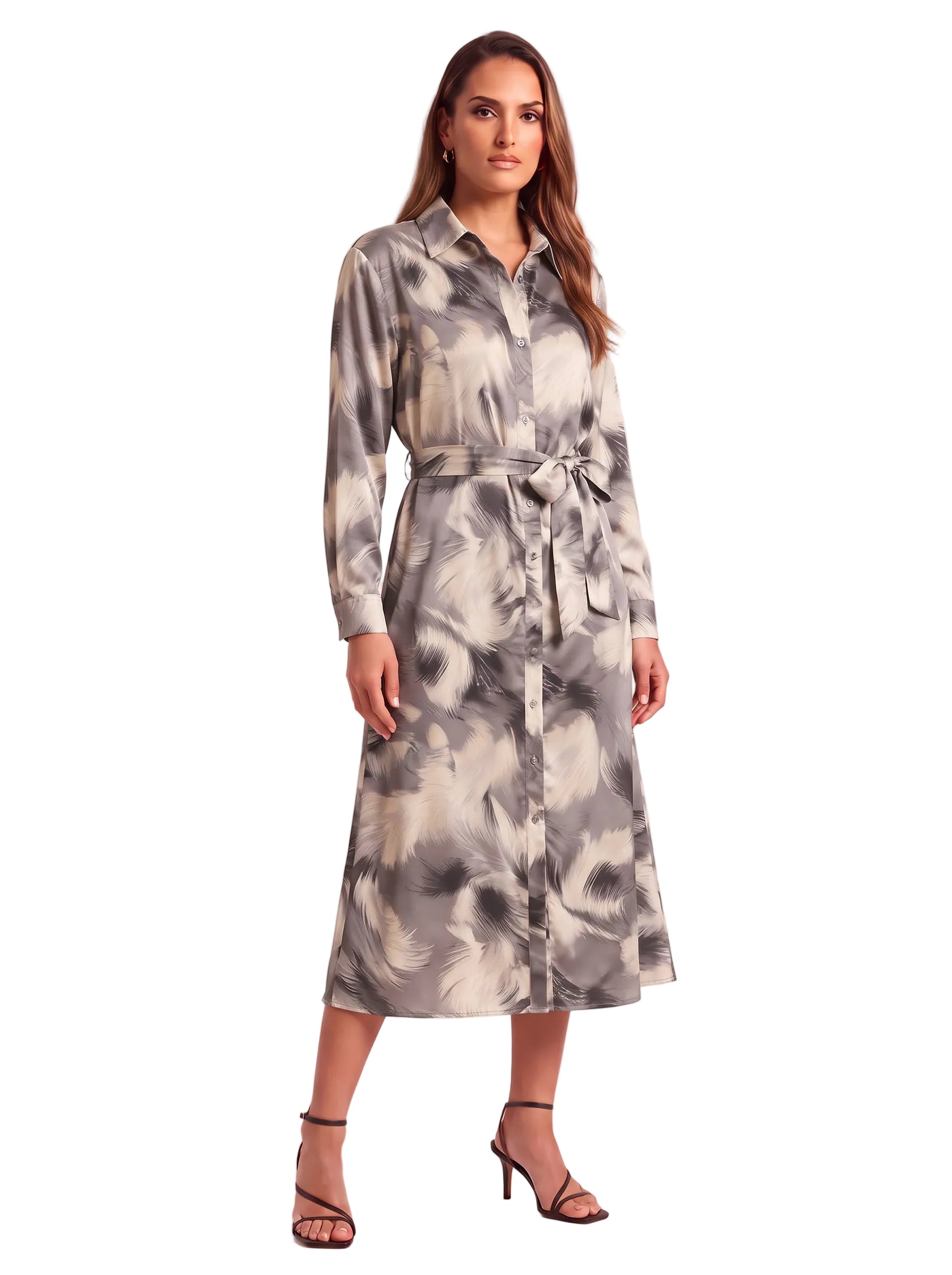 Gray and ivory feather print belted midi dress with long sleeves on a hair-down model