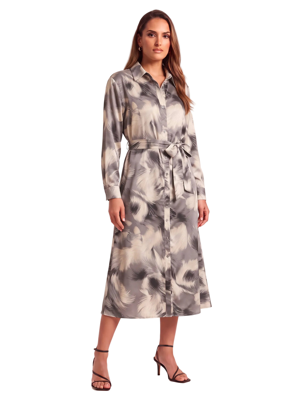 Gray and ivory feather print belted midi dress with long sleeves on a hair-down model