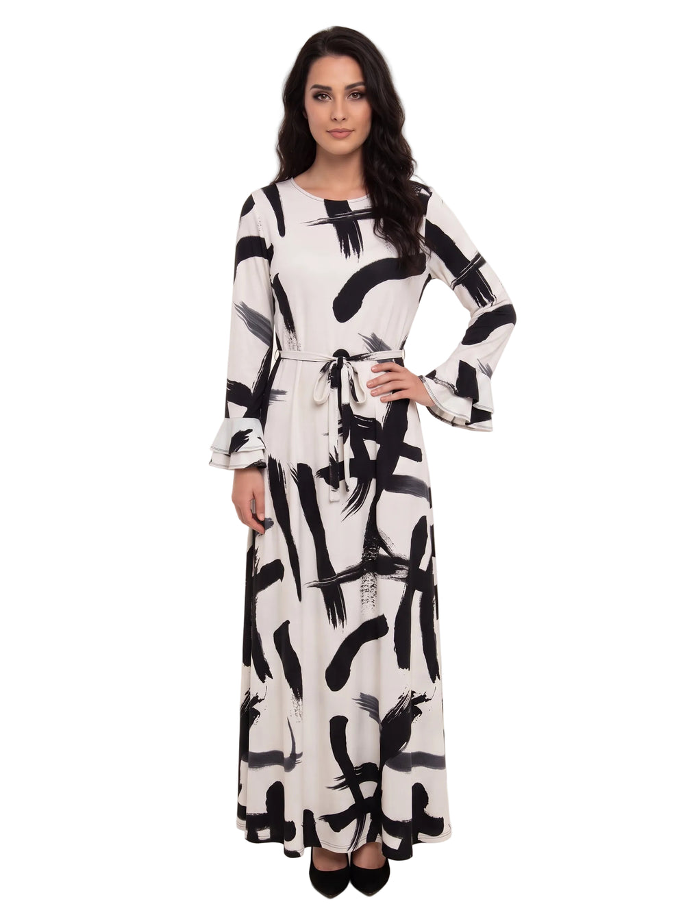Ivory and Black Brushstroke belted maxi dress on model
