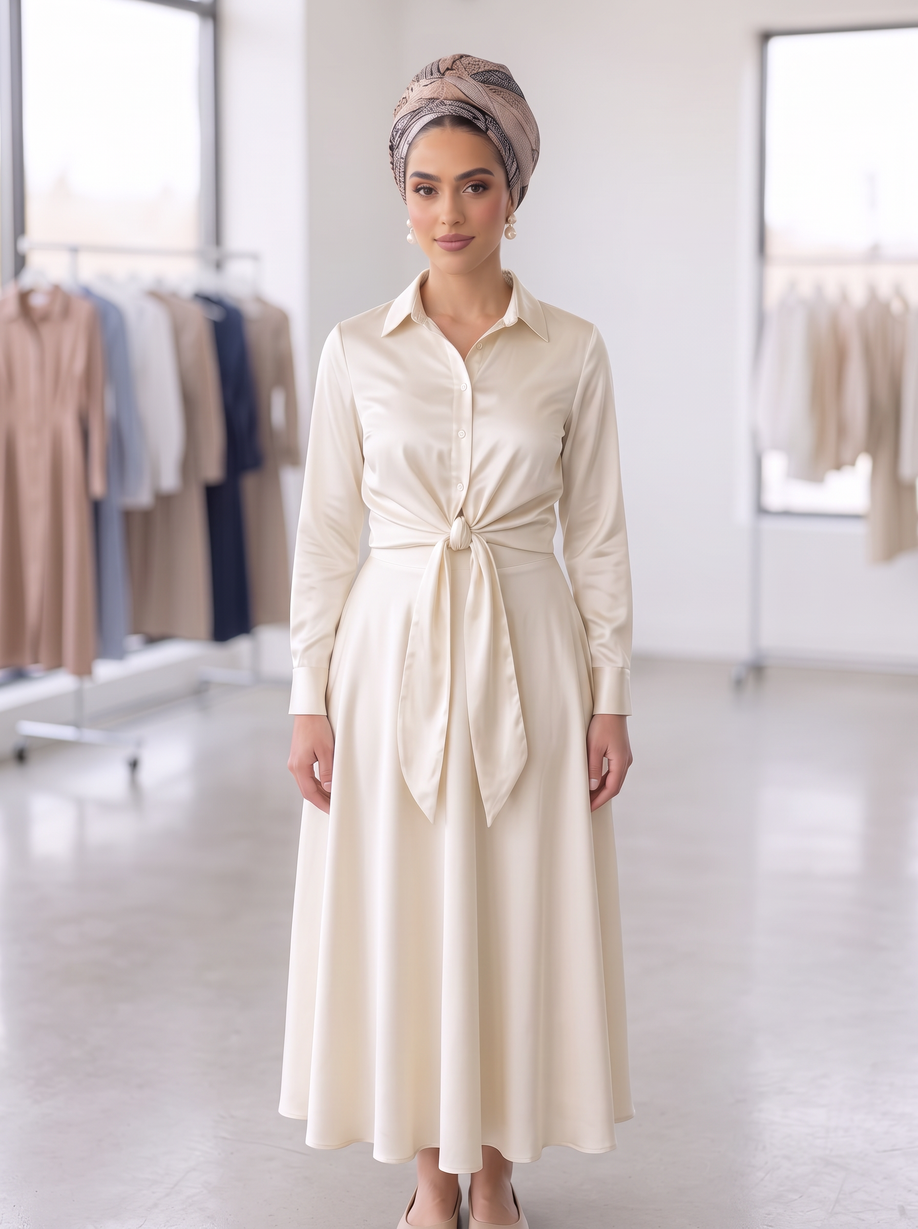 Elegant Satin Tie-Front Button Blouse – Off-White