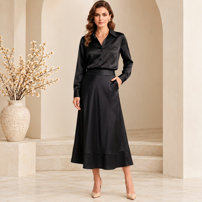 High-Waisted Satin Maxi Skirt in Black
