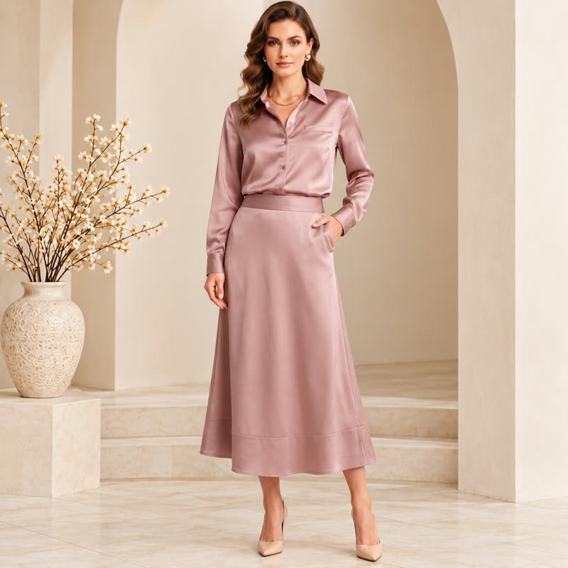 High-Waisted Satin Maxi Skirt in Dusty Rose