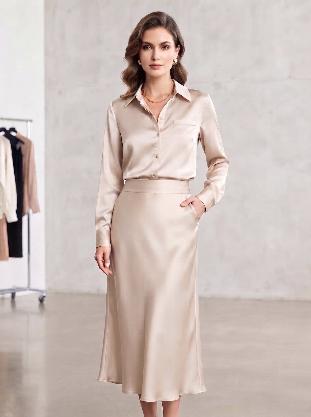 Neutral beige satin button-down top original full-length view