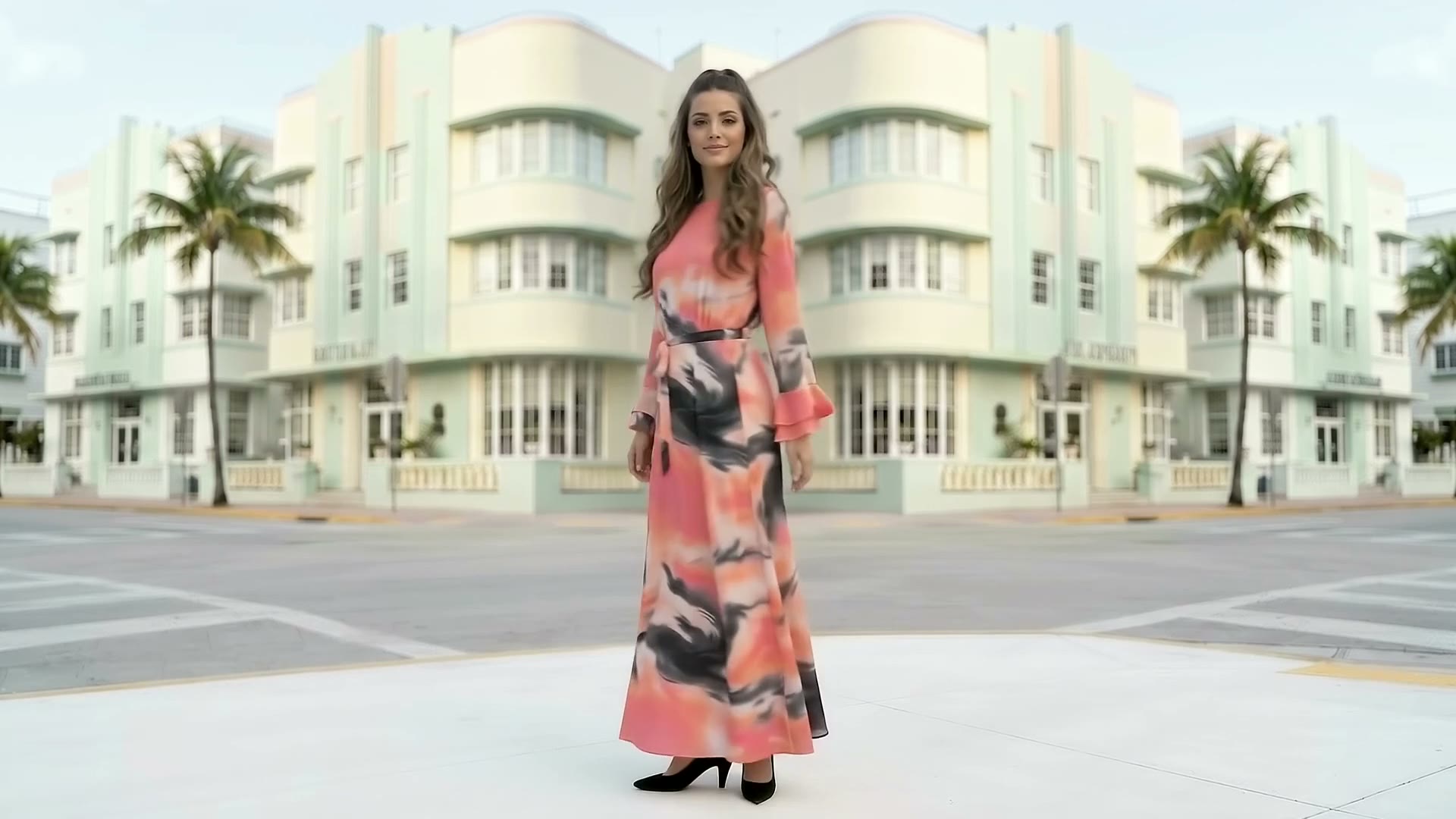 A woman in the Coral Abstract belted maxi dress standing on an Art Deco street corner in North Miami Beach